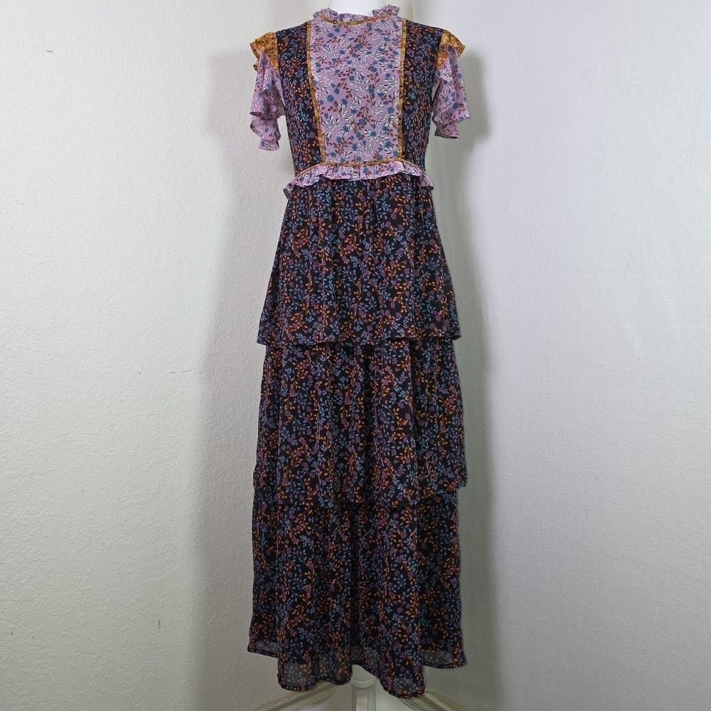 Sui by Anna Sui Patchwork Floral Tiered Maxi Dress – XS